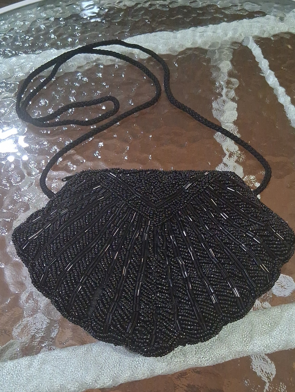 Vintage Black Beaded Shell Wristlet Crossbody - Elegant Evening Bag